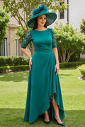 Sheath Boat Neck Short Sleeve Scoop Back Floor-Length Mother of the Bride Dress
