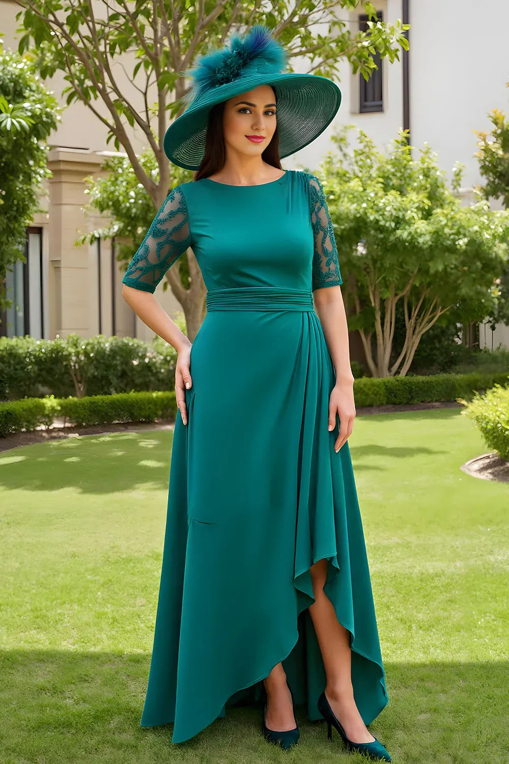 Sheath Boat Neck Short Sleeve Scoop Back Floor-Length Mother of the Bride Dress