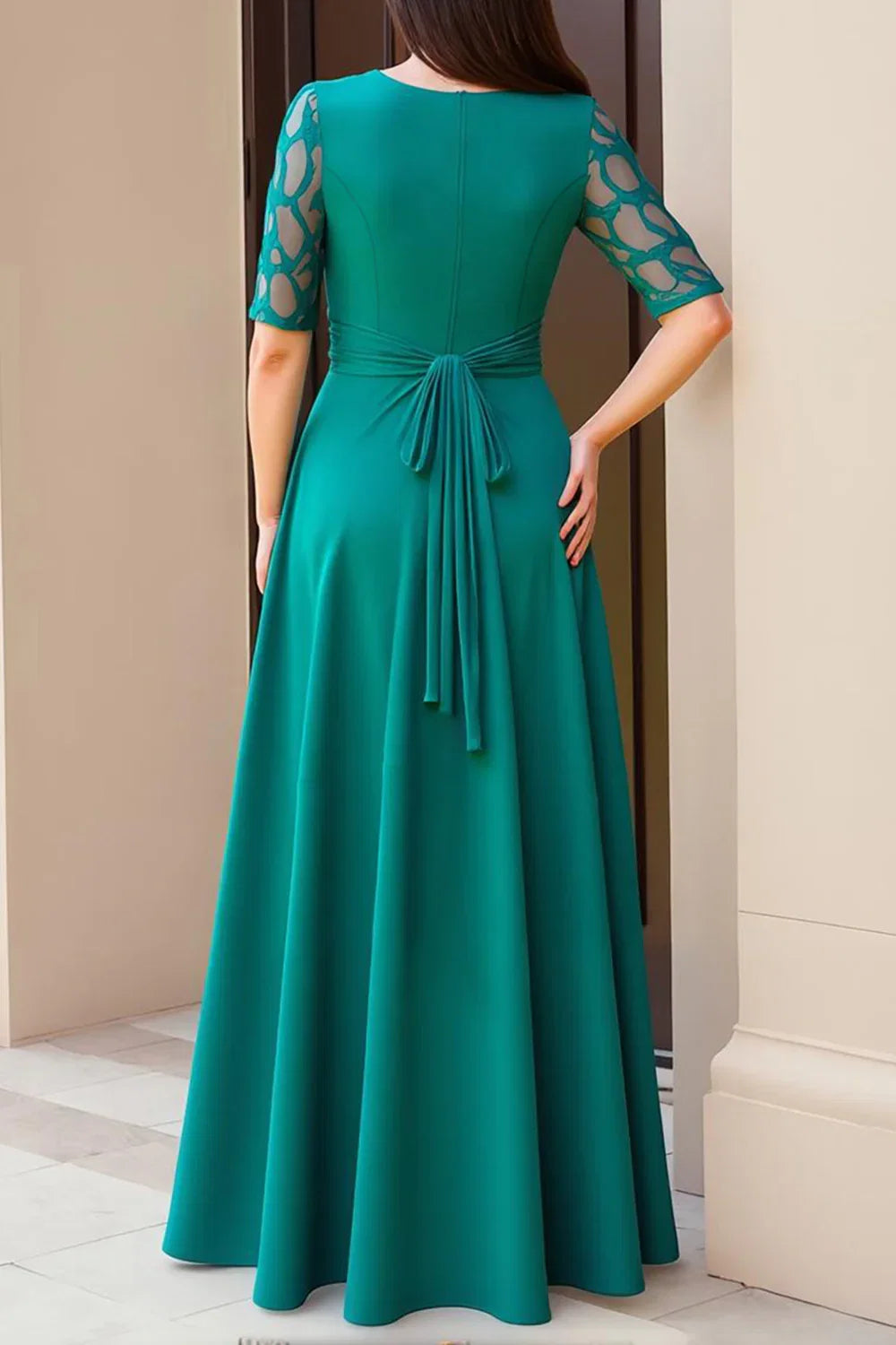 Sheath Boat Neck Short Sleeve Scoop Back Floor-Length Mother of the Bride Dress
