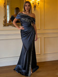 Sheath Off Shoulder Sleeveless Pleated Sweep Train Prom Dress