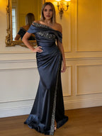 Sheath Off Shoulder Sleeveless Pleated Sweep Train Prom Dress