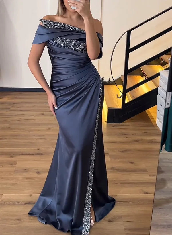 Sheath Off Shoulder Sleeveless Pleated Sweep Train Prom Dress