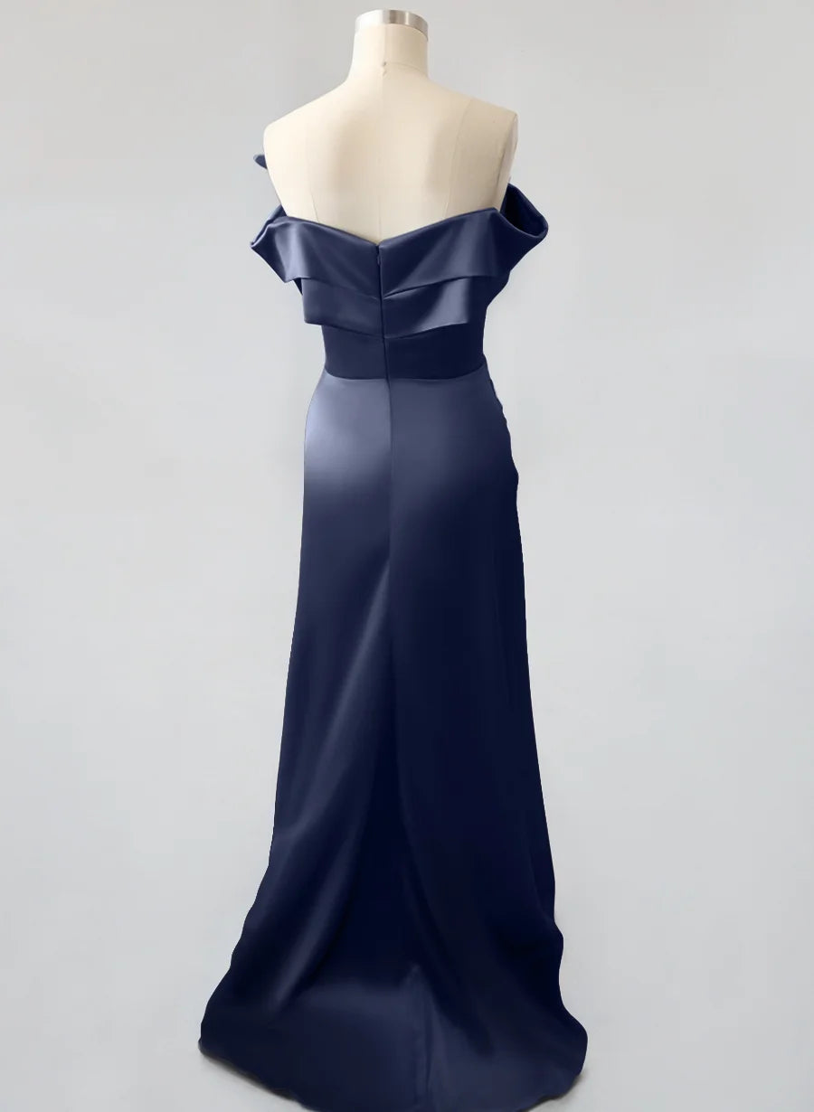 Sheath Off Shoulder Sleeveless Pleated Sweep Train Prom Dress
