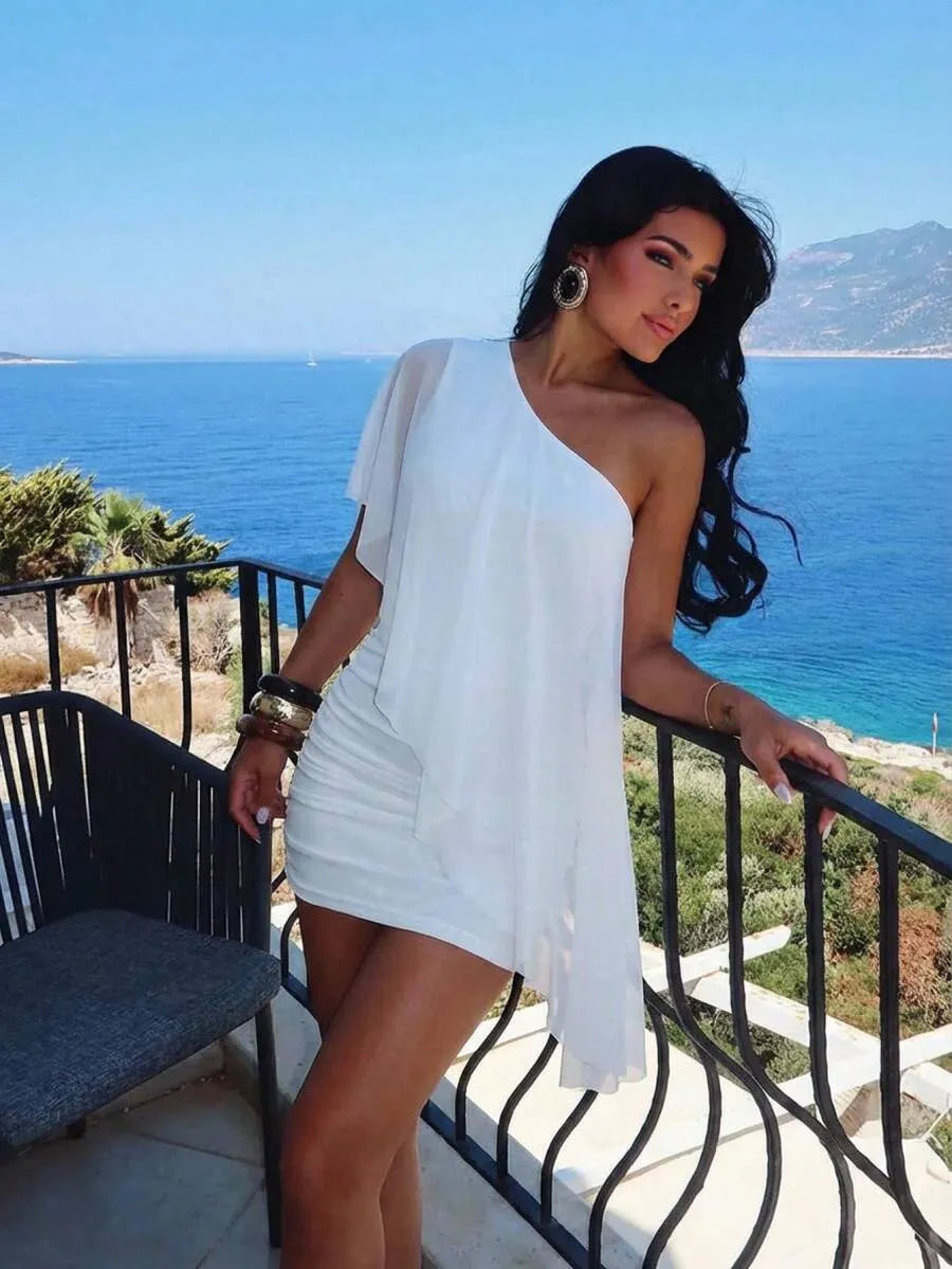 White Sheath One Shoulder Draped Ruffle Ruched Mini Homecoming Dress