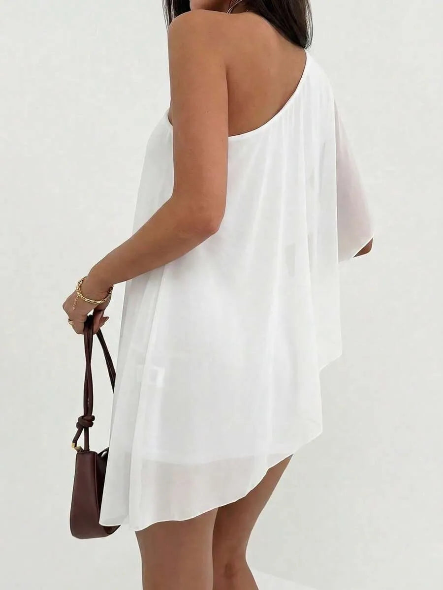 White Sheath One Shoulder Draped Ruffle Ruched Mini Homecoming Dress