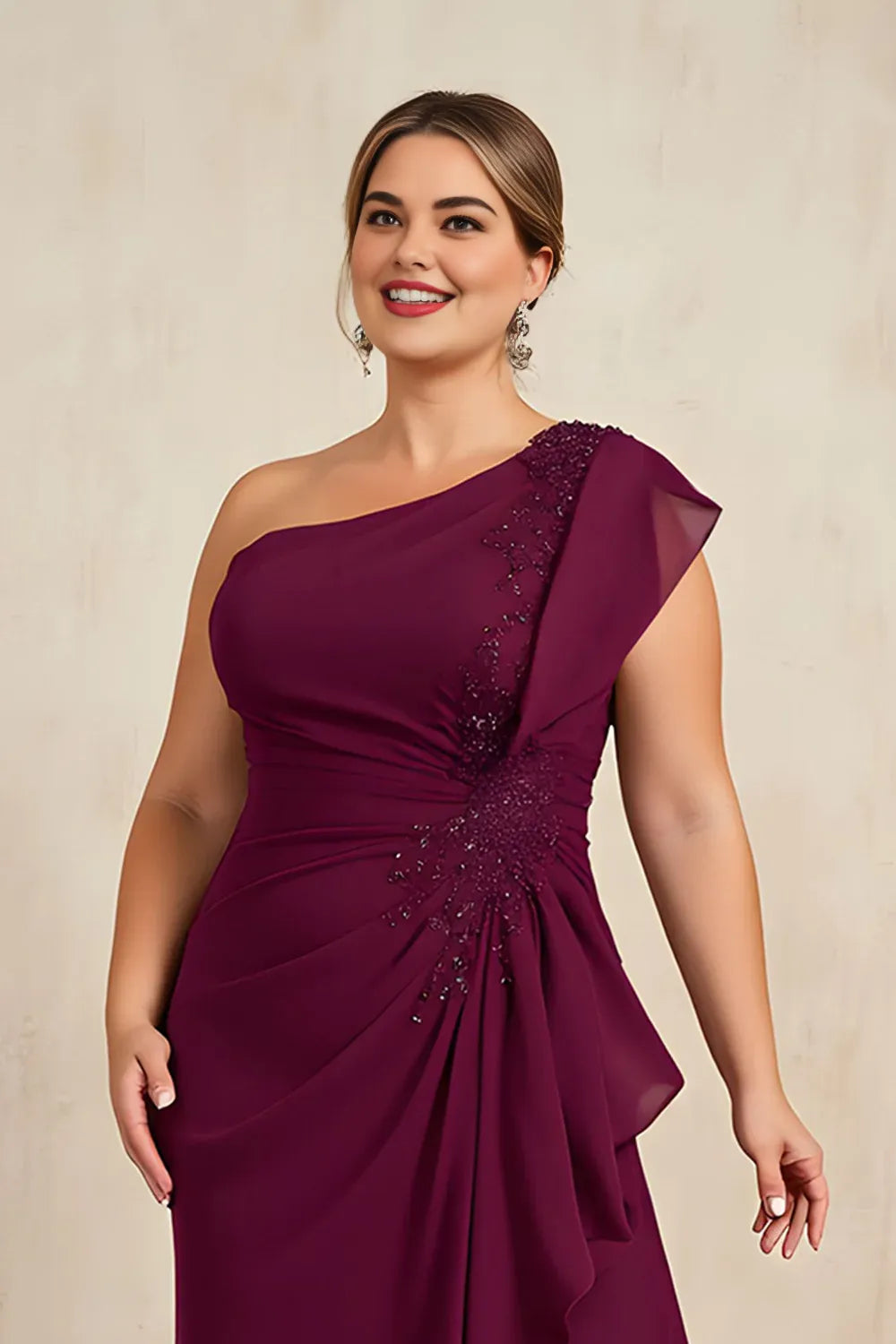 Sheath One Shoulder Sleeveless Asymmetrical Back Floor-Length Plus Size Mother of the Bride Dress