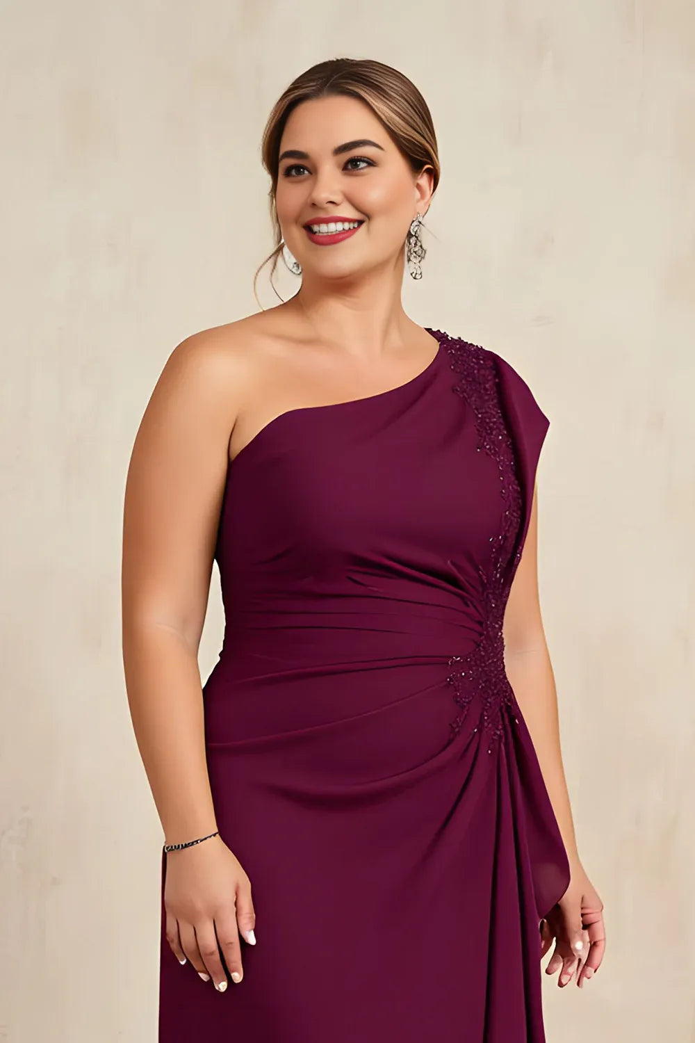 Sheath One Shoulder Sleeveless Asymmetrical Back Floor-Length Plus Size Mother of the Bride Dress
