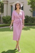 Sheath V-Neck Short Sleeve Scoop Back Tea-Length Mother of the Bride Dress