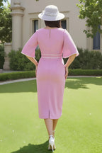 Sheath V-Neck Short Sleeve Scoop Back Tea-Length Mother of the Bride Dress