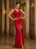 Sheath V-Neck Sleeveless Backless Floor-Length Prom Dress