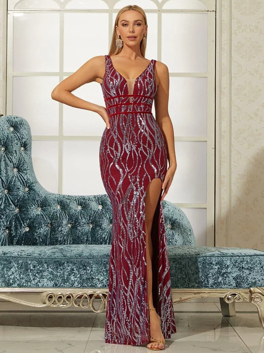 Sheath V-Neck Sleeveless Backless Floor-Length Prom Dress