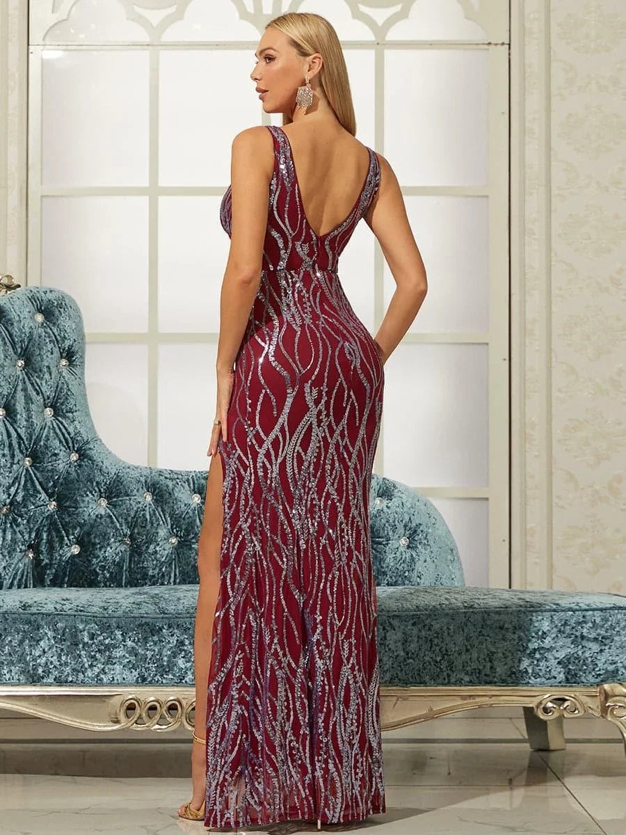 Sheath V-Neck Sleeveless Backless Floor-Length Prom Dress