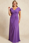 Sheath V Neck Cap Sleeves Keyhole Back Sweep/Brush Train Plus Size Mother of the Bride Dress
