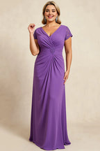 Sheath V Neck Cap Sleeves Keyhole Back Sweep/Brush Train Plus Size Mother of the Bride Dress