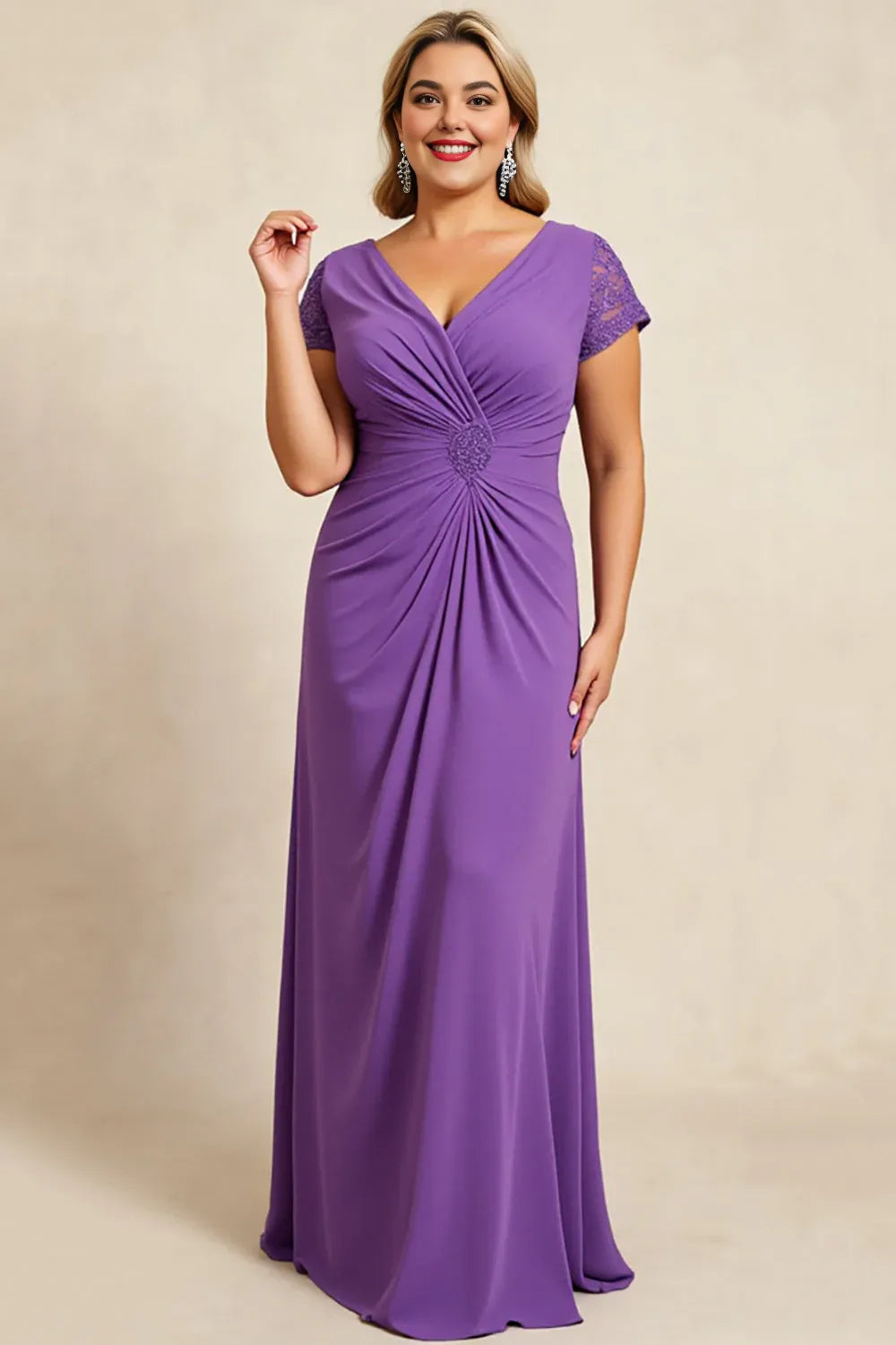 Sheath V Neck Cap Sleeves Keyhole Back Sweep/Brush Train Plus Size Mother of the Bride Dress