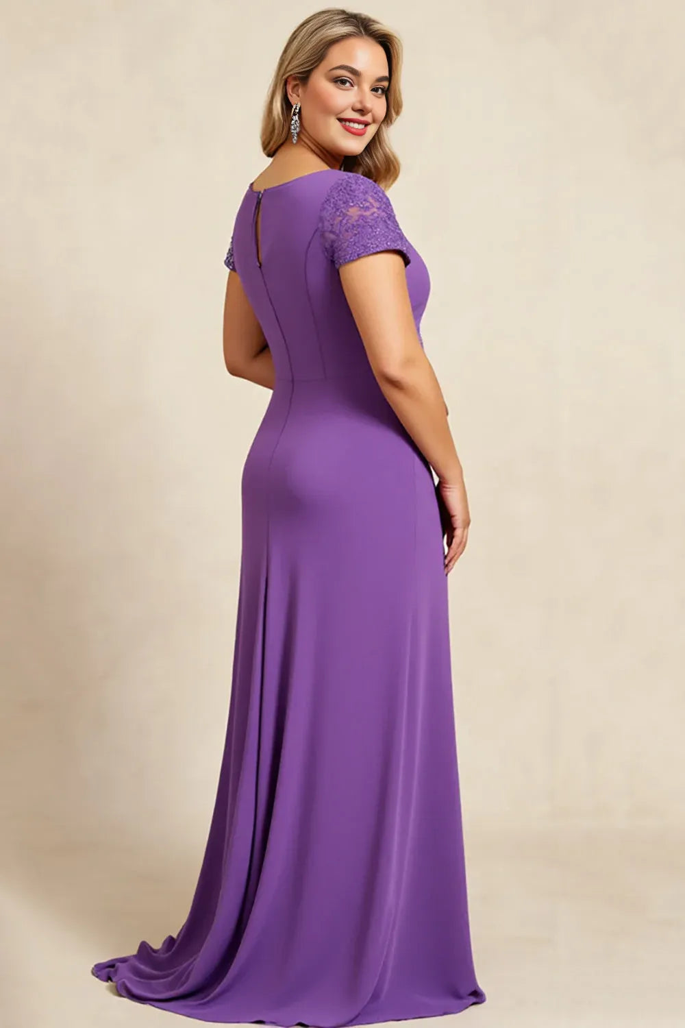 Sheath V Neck Cap Sleeves Keyhole Back Sweep/Brush Train Plus Size Mother of the Bride Dress