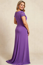 Sheath V Neck Cap Sleeves Keyhole Back Sweep/Brush Train Plus Size Mother of the Bride Dress