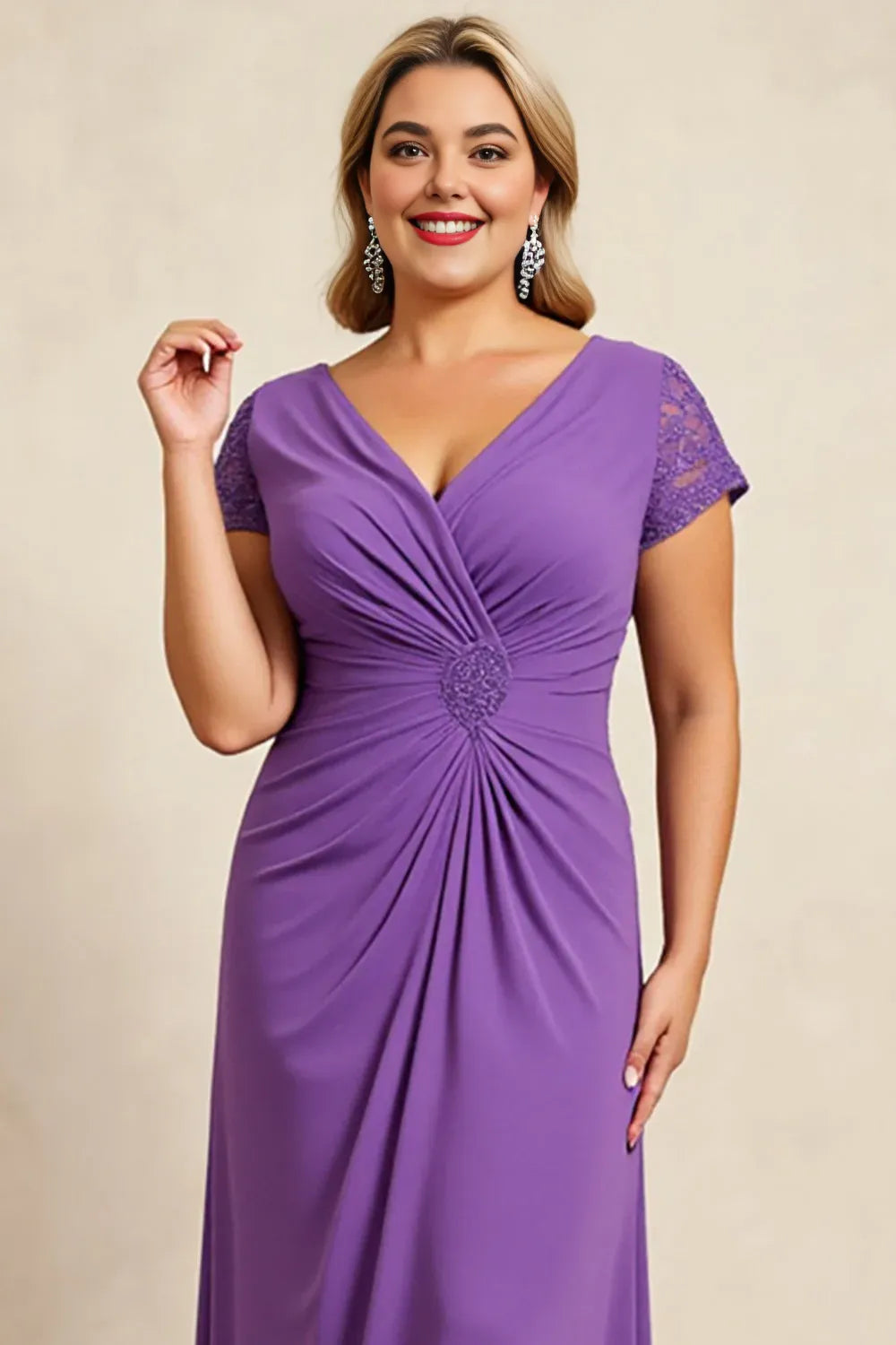 Sheath V Neck Cap Sleeves Keyhole Back Sweep/Brush Train Plus Size Mother of the Bride Dress