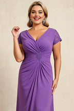 Sheath V Neck Cap Sleeves Keyhole Back Sweep/Brush Train Plus Size Mother of the Bride Dress