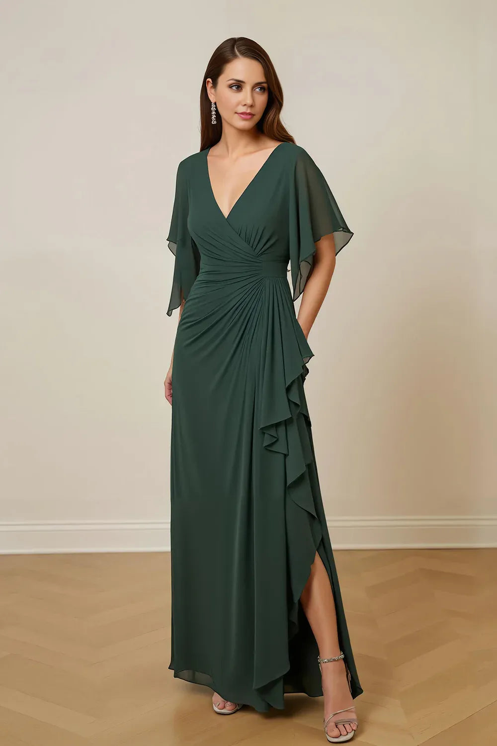 Sheath V Neck Flutter Sleeve Keyhole Back Floor-Length Mother of the Bride Dress