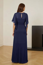 Sheath V Neck Flutter Sleeve Keyhole Back Floor-Length Mother of the Bride Dress
