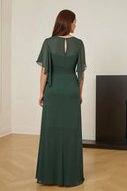 Sheath V Neck Flutter Sleeve Keyhole Back Floor-Length Mother of the Bride Dress