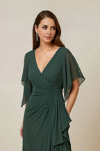 Sheath V Neck Flutter Sleeve Keyhole Back Floor-Length Mother of the Bride Dress