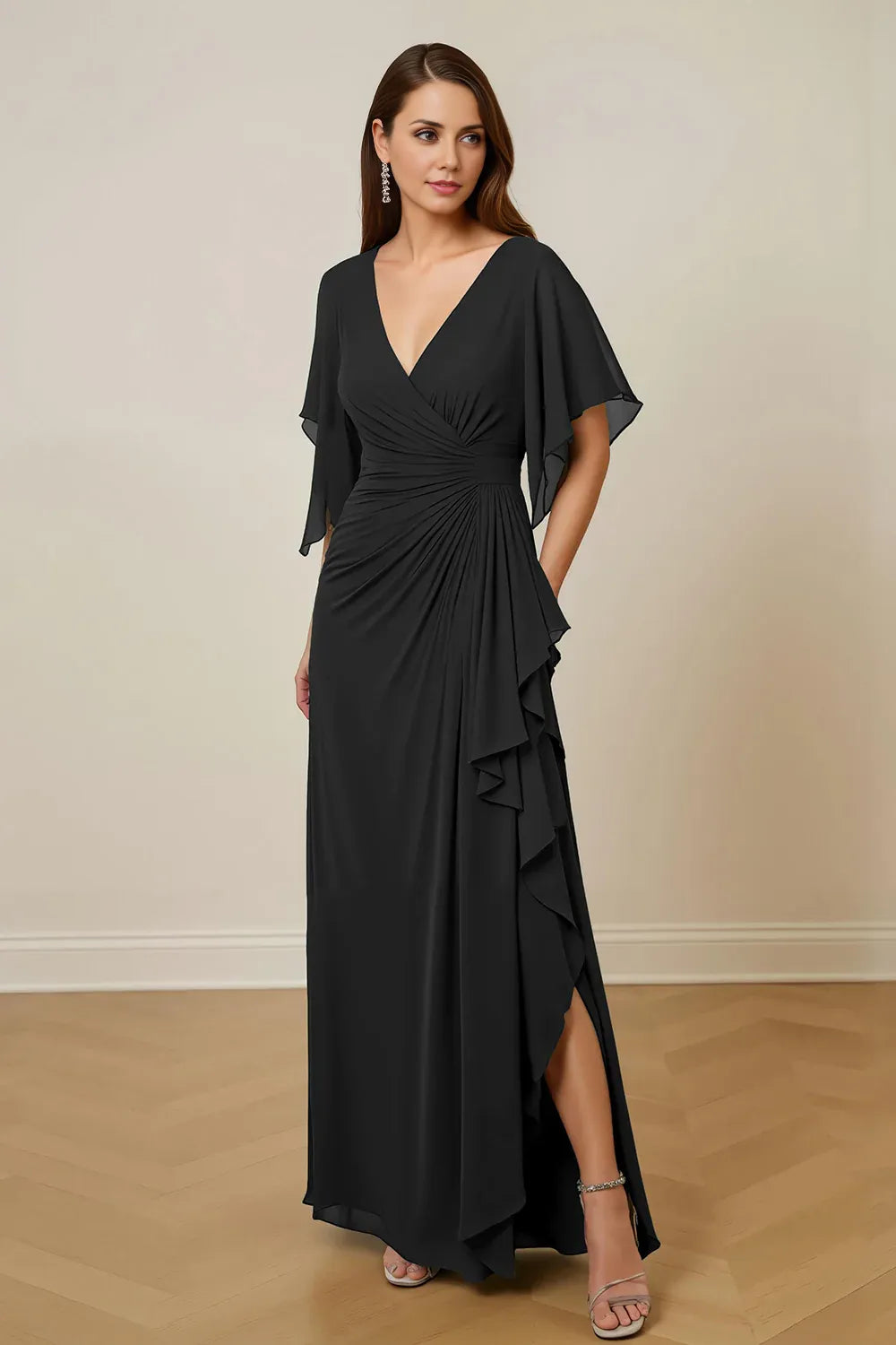 Sheath V Neck Flutter Sleeve Keyhole Back Floor-Length Mother of the Bride Dress