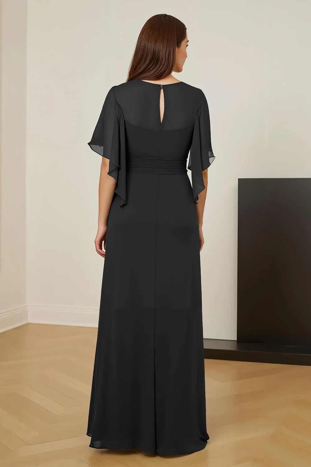 Sheath V Neck Flutter Sleeve Keyhole Back Floor-Length Mother of the Bride Dress