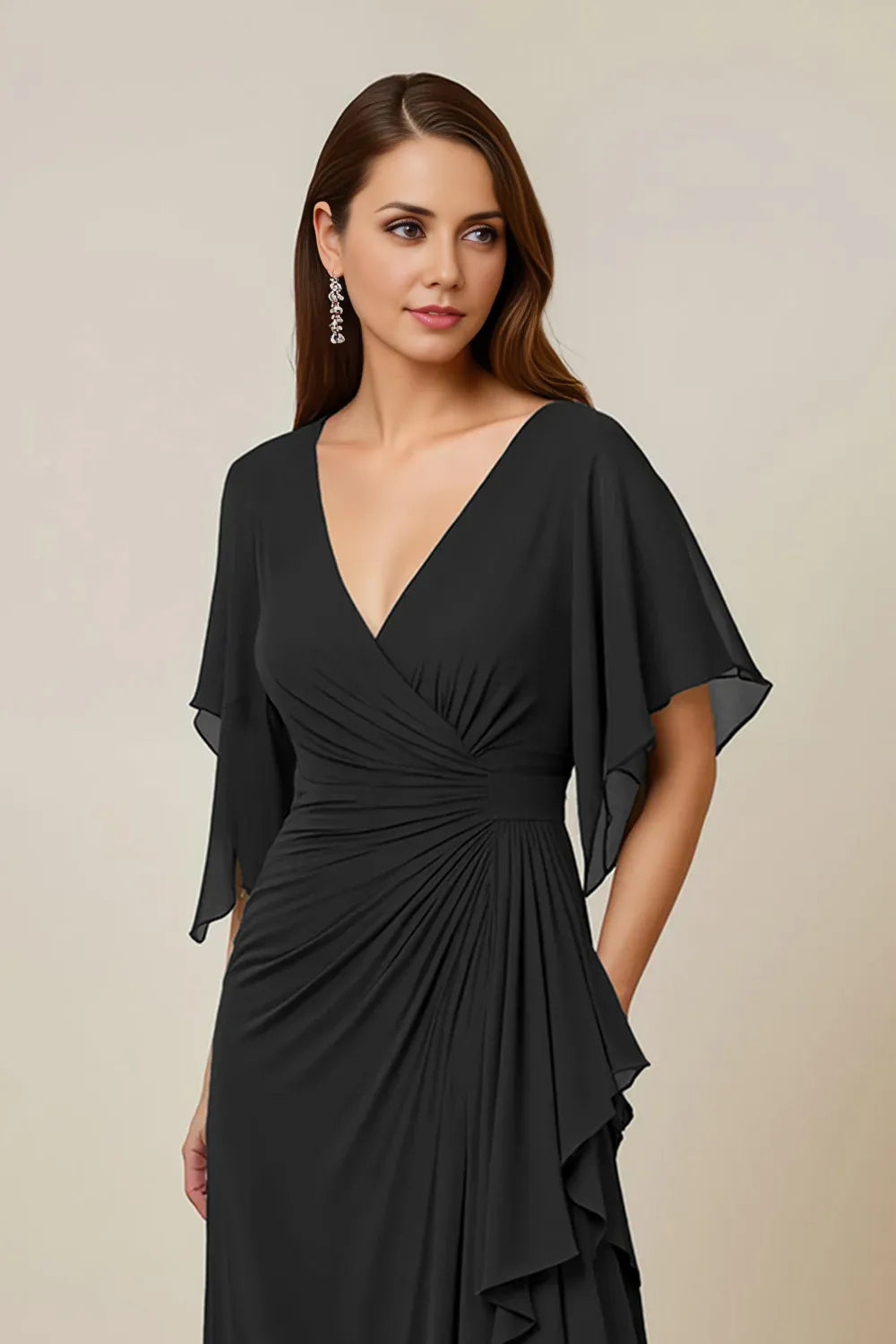 Sheath V Neck Flutter Sleeve Keyhole Back Floor-Length Mother of the Bride Dress