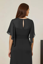 Sheath V Neck Flutter Sleeve Keyhole Back Floor-Length Mother of the Bride Dress