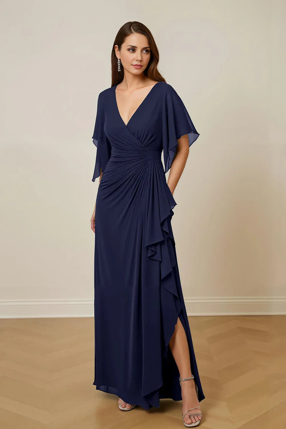 Sheath V Neck Flutter Sleeve Keyhole Back Floor-Length Mother of the Bride Dress
