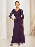 Sheath V Neck Long Sleeve Zipper Up Floor-Length Mother of the Bride Dress