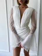 Sheath V Neck Long Sleeves Pleated Short Mini Wedding Dress