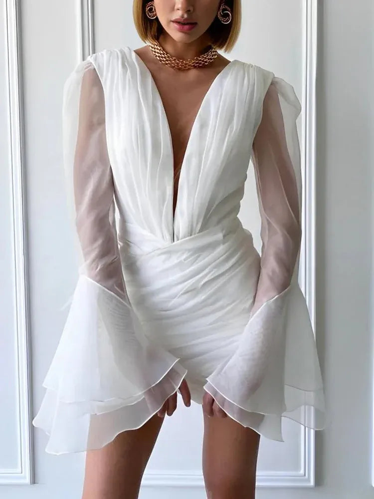 Sheath V Neck Long Sleeves Pleated Short Mini Wedding Dress