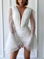 Sheath V Neck Long Sleeves Pleated Short Mini Wedding Dress