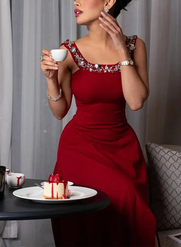 Square Neck Sleeveless Sheath Pleated Sweep Train Prom Dress