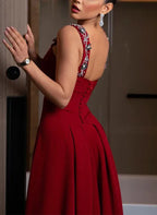 Square Neck Sleeveless Sheath Pleated Sweep Train Prom Dress