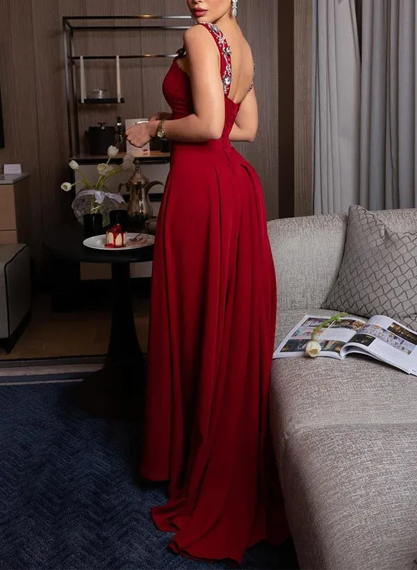 Square Neck Sleeveless Sheath Pleated Sweep Train Prom Dress