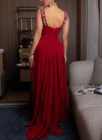 Square Neck Sleeveless Sheath Pleated Sweep Train Prom Dress