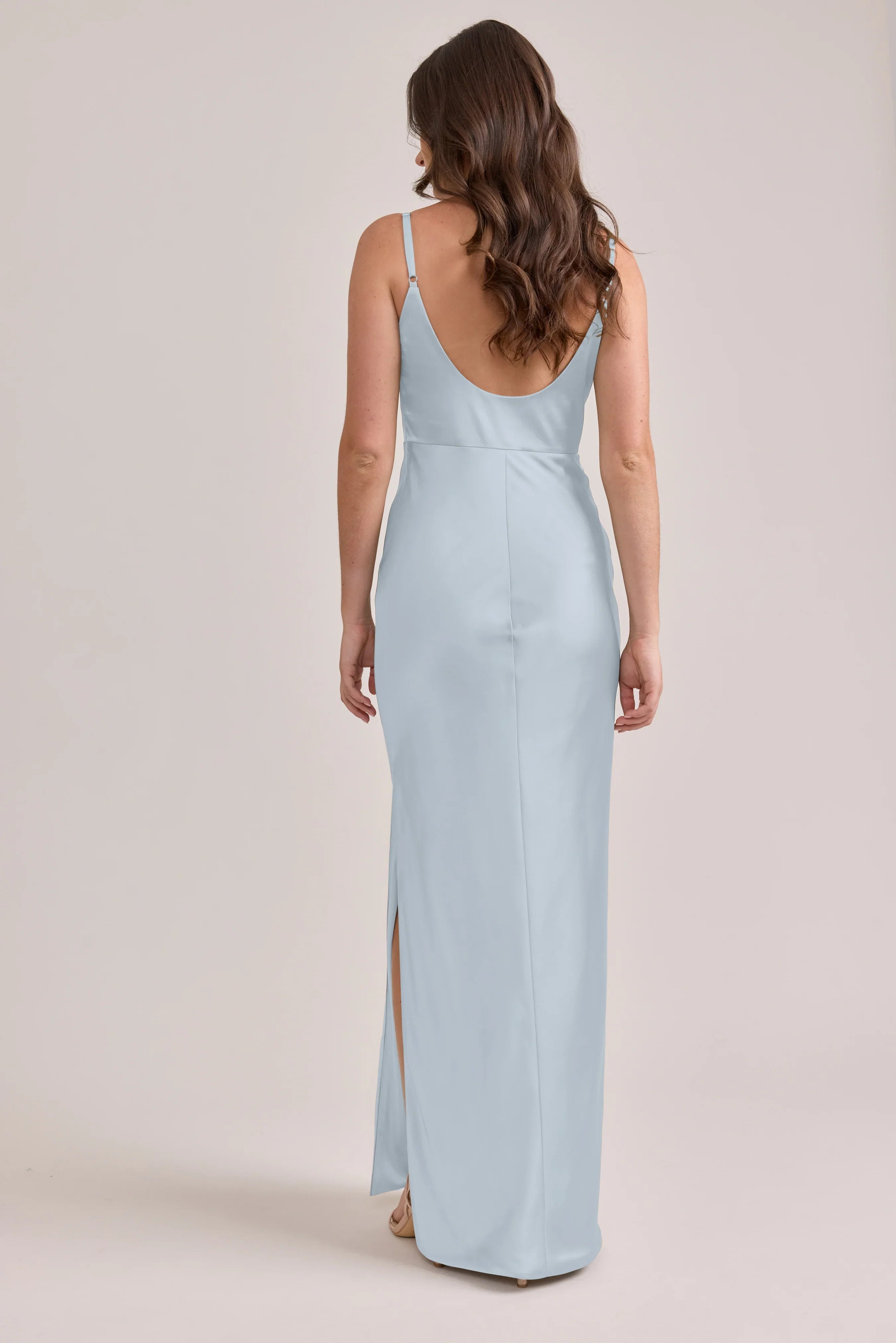 Modern Square Neck Spaghetti Strap Satin Mermaid Bridesmaid Dress with V-Back & High Slit in Sky Blue