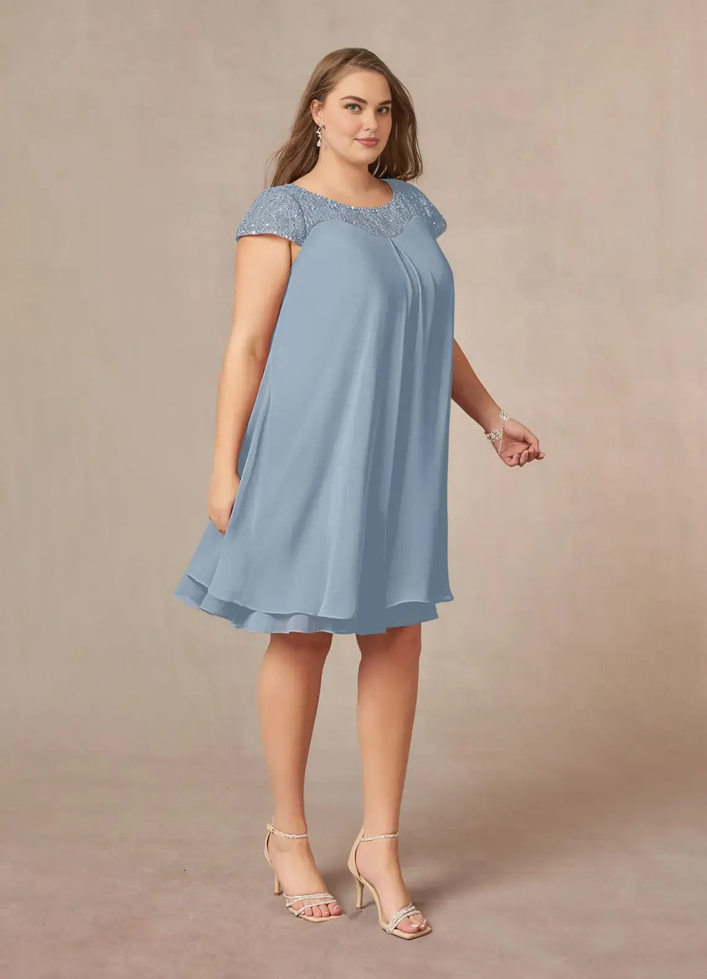 Straight Tube Boat-Neck Flutter Sleeve Sheer Back Knee-Length Plus Size Mother of the Bride Dress