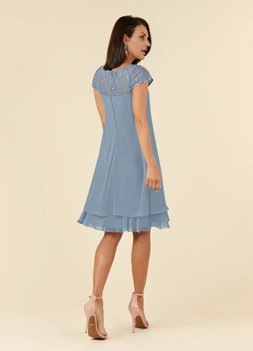 Straight Tube Boat-Neck Flutter Sleeve Sheer Back Knee-Length Mother of the Bride Dress