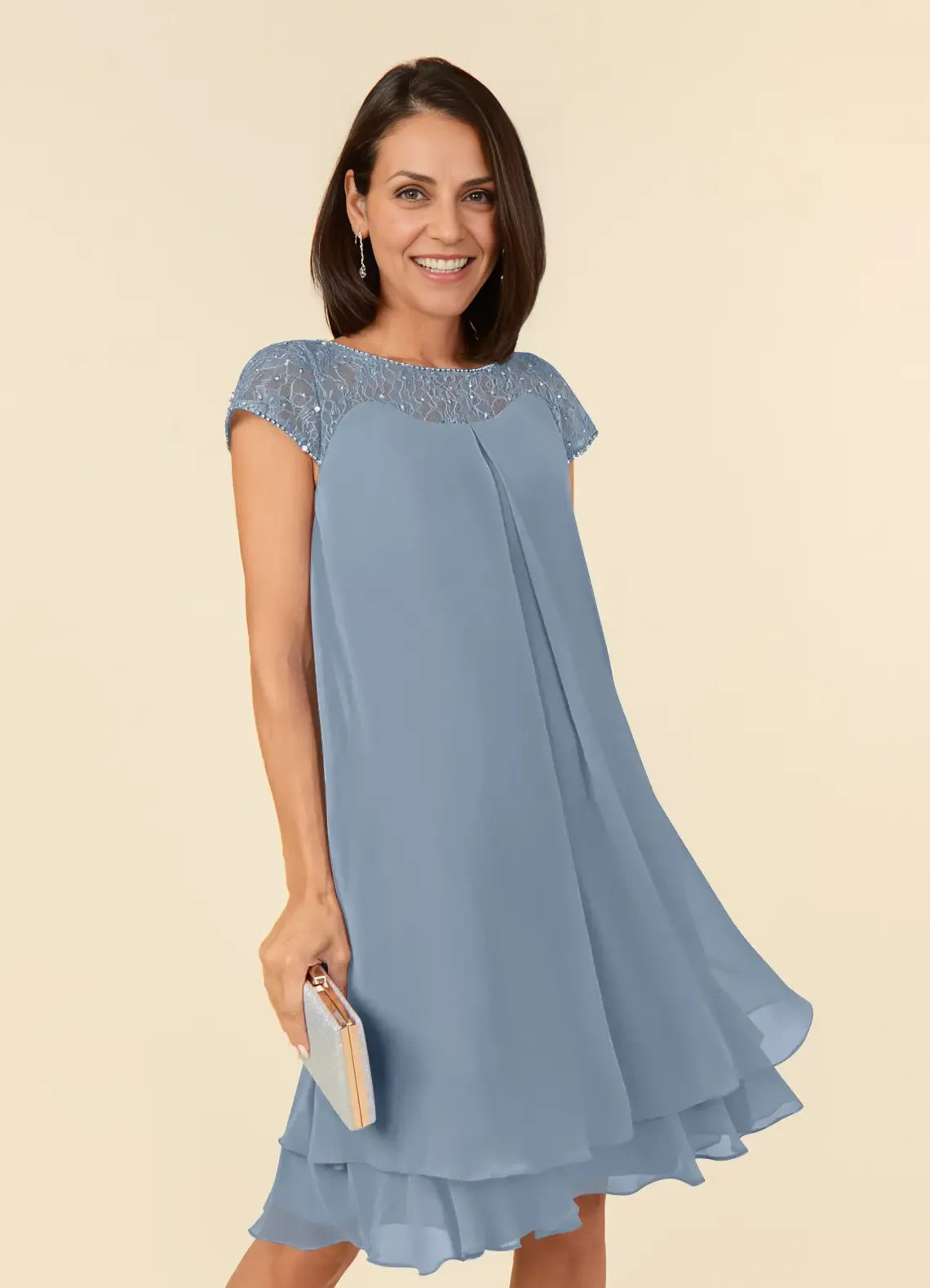 Straight Tube Boat-Neck Flutter Sleeve Sheer Back Knee-Length Mother of the Bride Dress