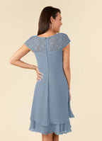 Straight Tube Boat-Neck Flutter Sleeve Sheer Back Knee-Length Mother of the Bride Dress