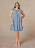 Straight Tube Boat-Neck Flutter Sleeve Sheer Back Knee-Length Plus Size Mother of the Bride Dress