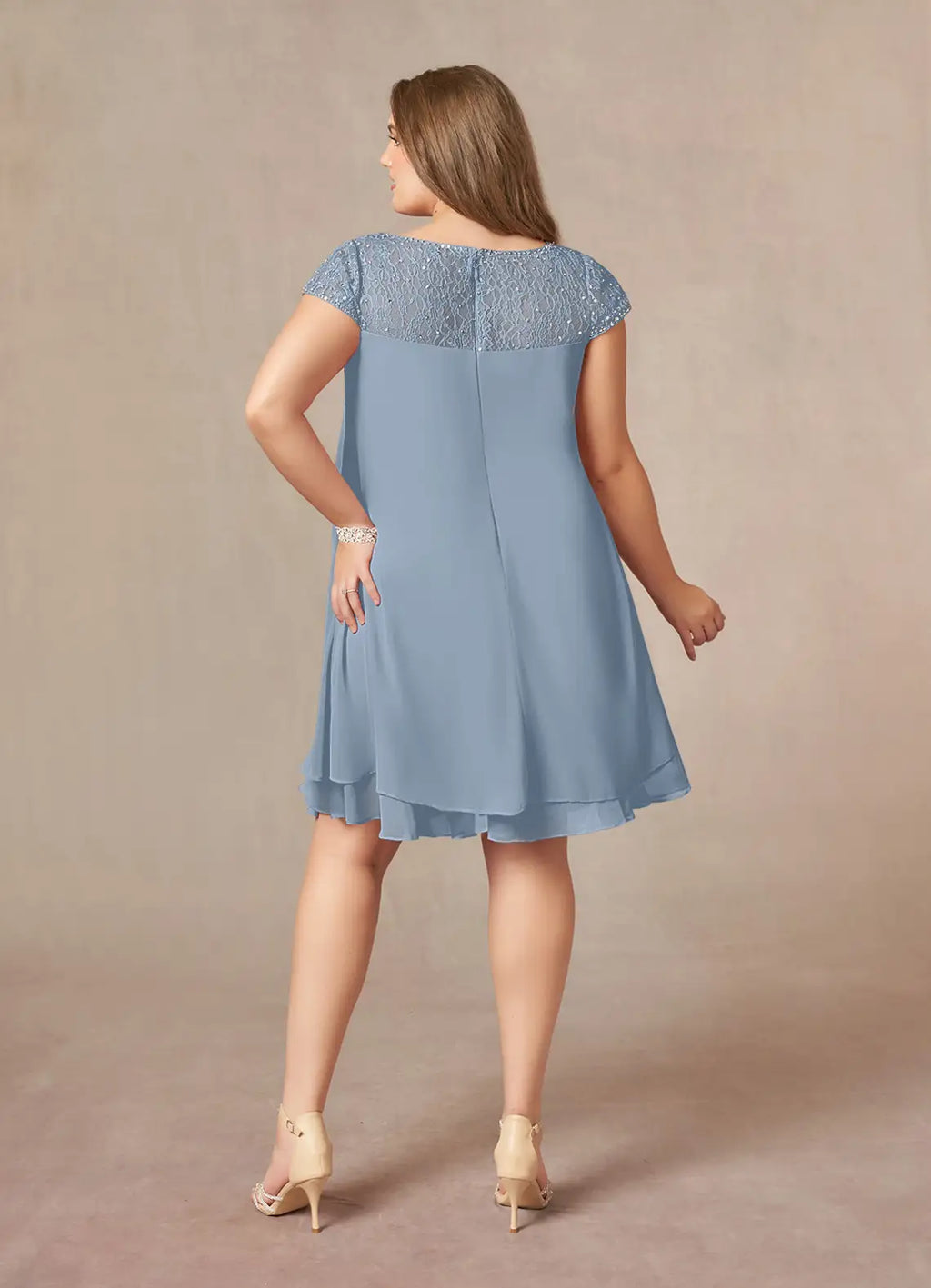 Straight Tube Boat-Neck Flutter Sleeve Sheer Back Knee-Length Plus Size Mother of the Bride Dress