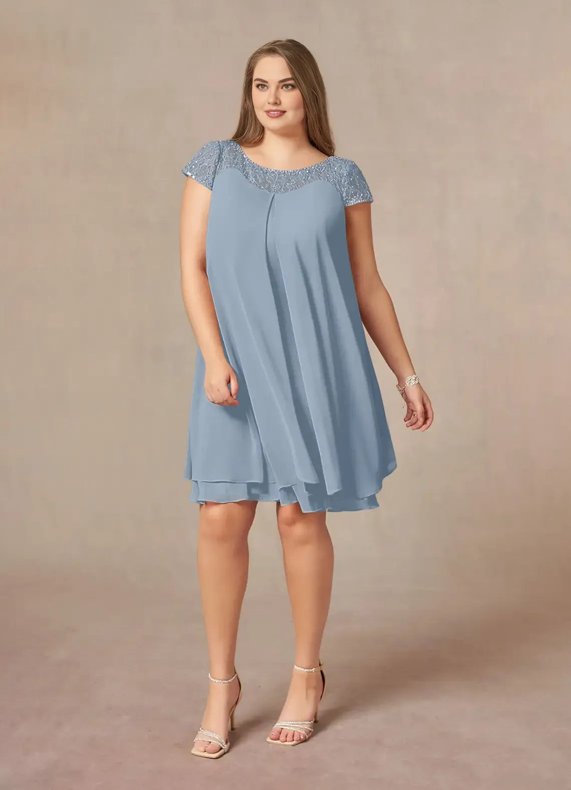 Straight Tube Boat-Neck Flutter Sleeve Sheer Back Knee-Length Plus Size Mother of the Bride Dress