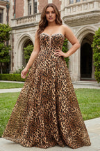 Strapless A Line Sleeveless Leopard Print Floor-Length Plus Size Prom Dress