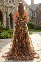 Strapless A Line Sleeveless Leopard Print Floor-Length Plus Size Prom Dress